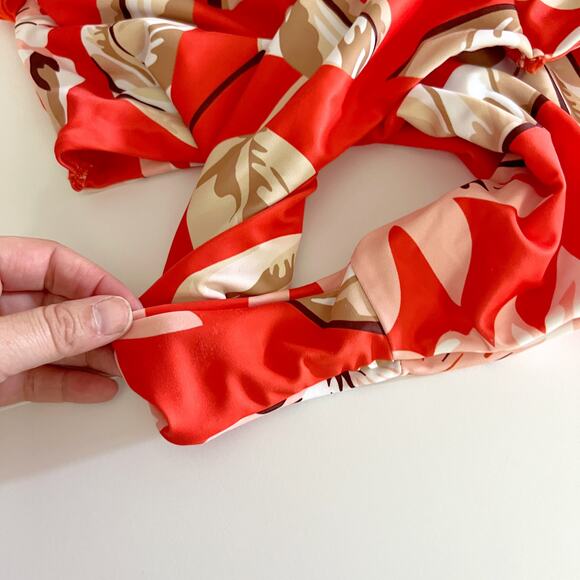 [CHYRII] Orange Red Floral Feather Wrap Front V-Neck One Piece Swimsuit Sz Large - Picture 10 of 11